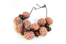 collier tissu, boule rouge&beige